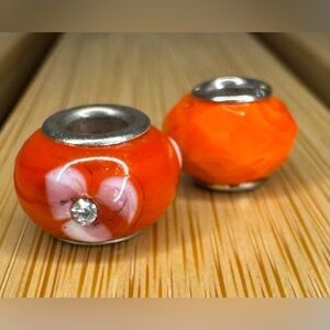 Orange glass Murano Bead Charm Pink Flower Lampwork European style lot 2 silver